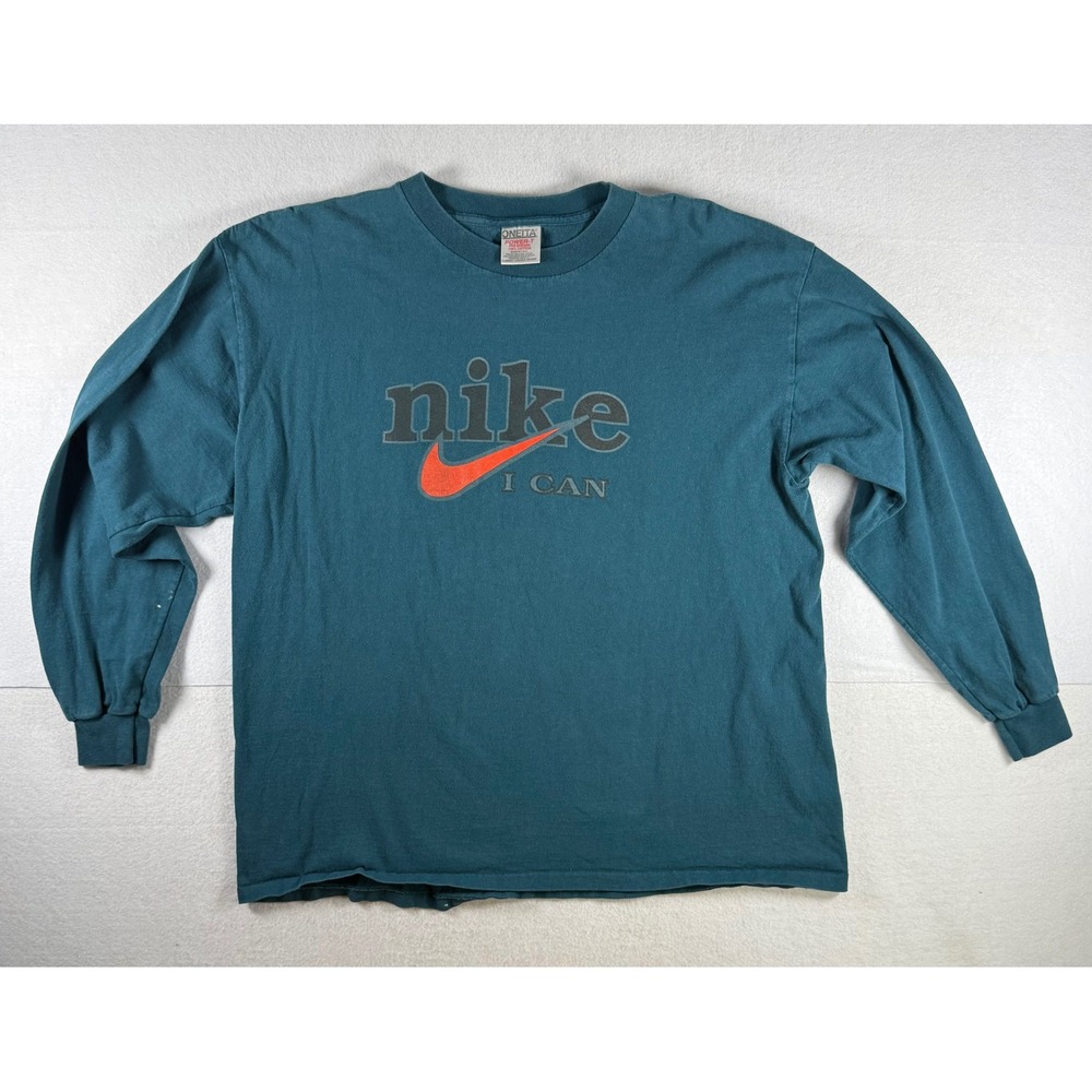 Vintage Nike I CAN Long Sleeve T-Shirt XL Teal Green 90s Oneita USA Made Cotton